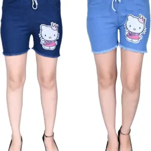 Short For Girls Casual Printed Denim (Blue, Pack of 2)