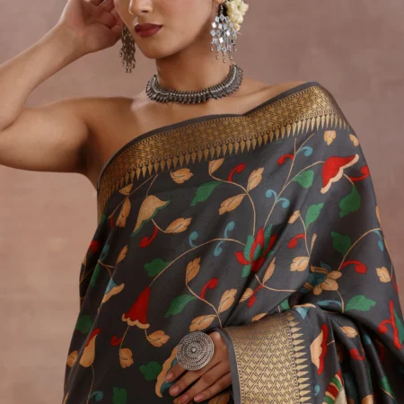 Deep Grey Katan Silk Saree