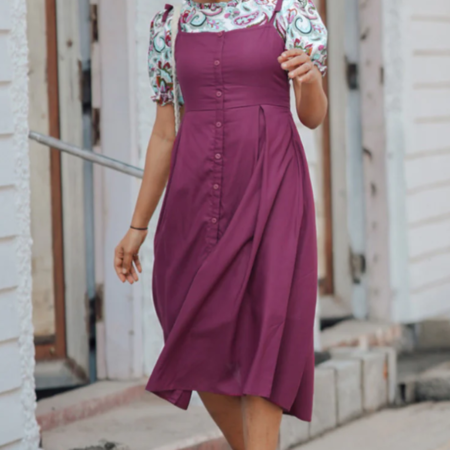 Magenta Flower Printed Rayon Dungaree Ladies Dress