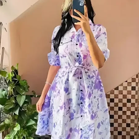 Rayon Solid Button Front Shirt Dress for Women